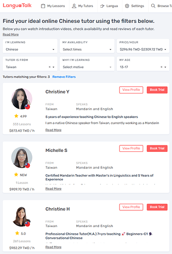 Today, there are 3 Mandarin tutors based in Taiwan