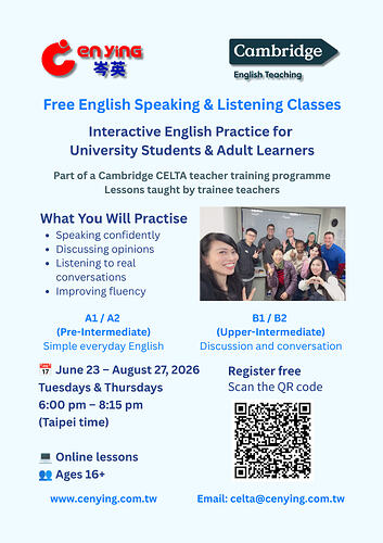Online Free English Lessons - CELTA Training - Flyer - Eng